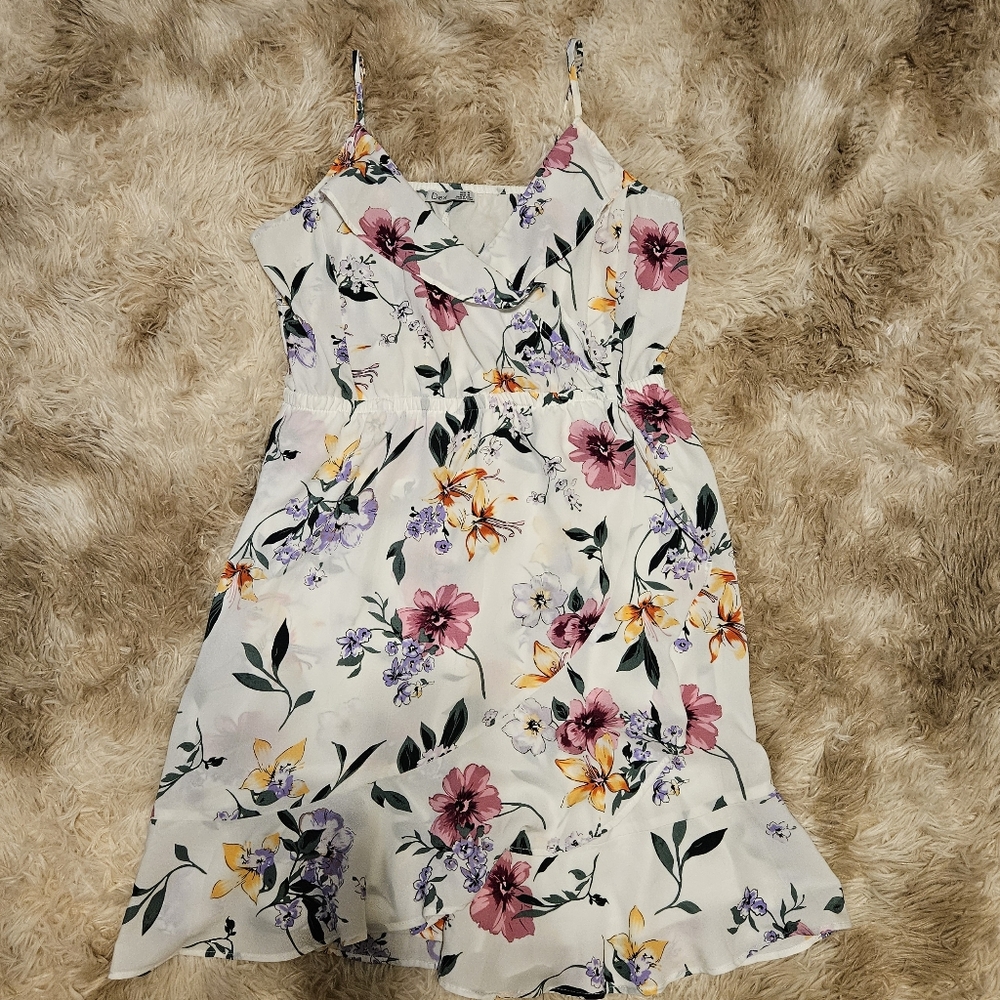 Dex White Floral Faux Wrap Dress